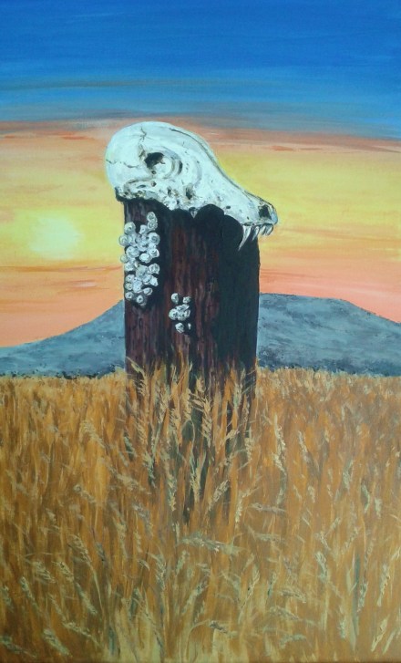 Dog skull with snails and fields of gold.jpg